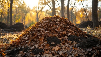 Obraz premium A pile of leaves is on the ground in a forest