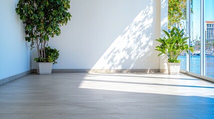 Sunny room, harbor view, plants, empty space, interior design