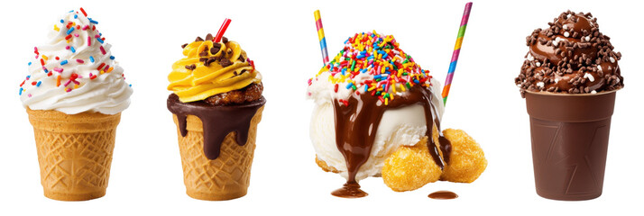 Verschiedene Eistüten und Eisbecher mit bunten Streuseln und Schokoladenüberzug png