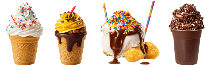 Verschiedene Eistüten und Eisbecher mit bunten Streuseln und Schokoladenüberzug png
