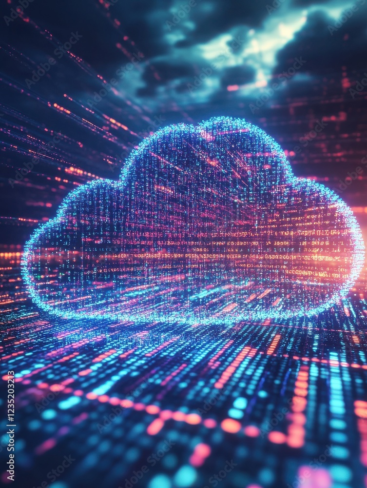 Poster cloud storage concept. a vibrant depiction of binary streams reconnecting lost files into a secure c