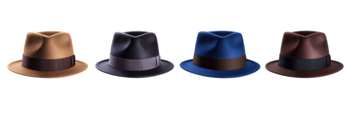 Verschiedene Fedorahüte: modische braune, schwarze, blaue und dunkelbraune Stile in einer Reihe png