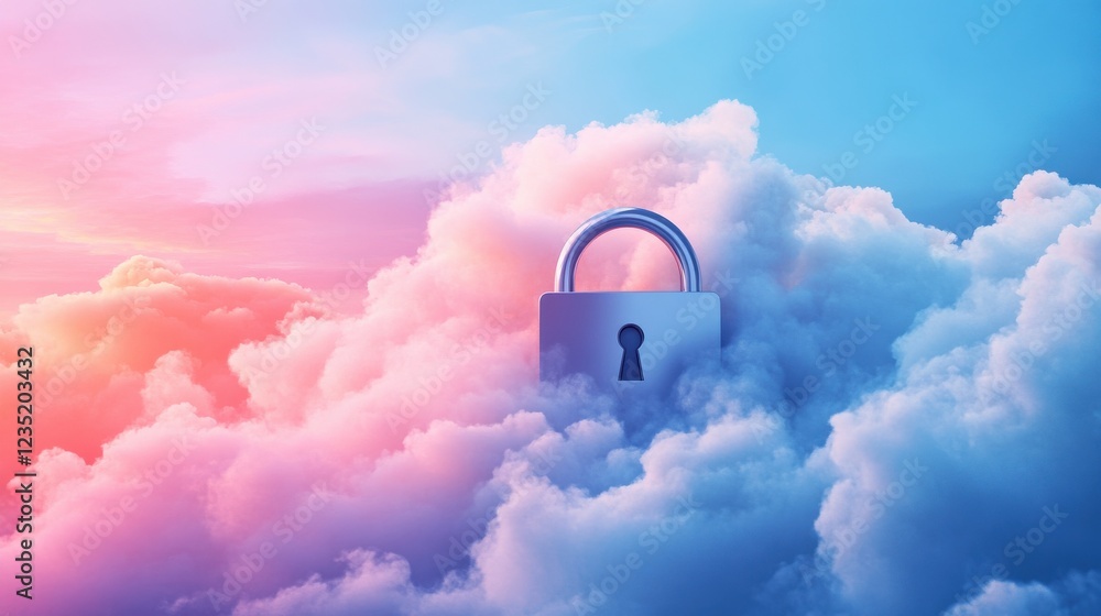 Poster cloud storage security concept with padlock and colorful clouds