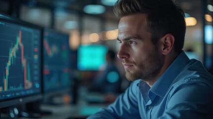 In a vibrant and bustling financial office late at night, a dedicated trader is deeply engrossed in analyzing stock market trends and data