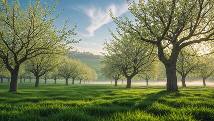 Obraz premium Orchard trees in a misty spring morning