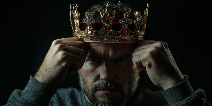 A powerful portrait capturing a bearded man wearing a crown, embodying wisdom and age with dramatic lighting.