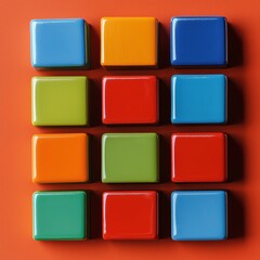 A grid of colorful glossy blocks arranged on an orange backdrop for playful aesthetics.