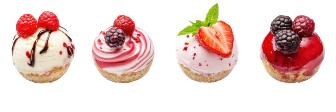 Verschiedene Minidesserts mit Beeren, Sahne und Früchten png