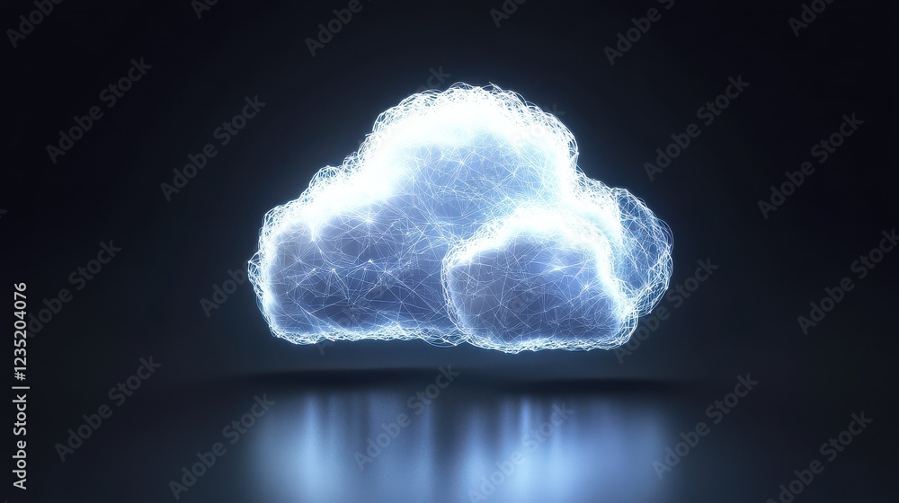 Poster digital cloud computing network concept with glowing wireframe design elements on dark technology ba