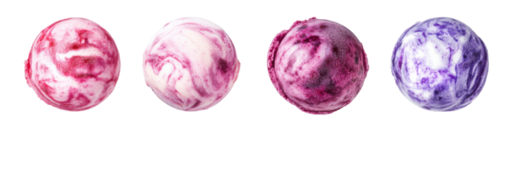 Verschiedene Eiskugeln mit Beeren- und Sahnewirbel in leuchtenden Farben auf transparentem Hintergrund png