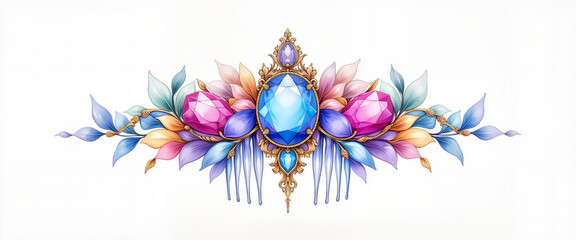 Colorful gemstone hair comb design with baroque details, elegance