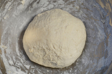 A round, raw dough sits in a metal bowl