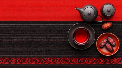 Red and black table setting with tea, dates, and teapot.