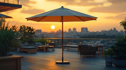 Fototapeta premium A large umbrella is set up on a patio overlooking a city