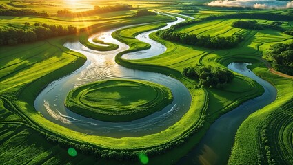 Aerial view of winding river through lush green fields