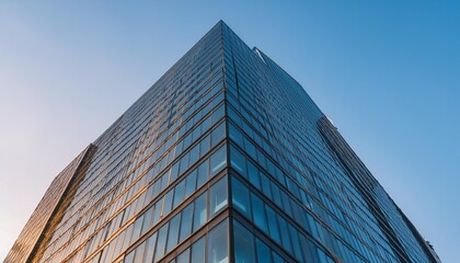 A modern skyscraper with reflective glass windows under a clear blue sky, showcasing urban design and symmetry.