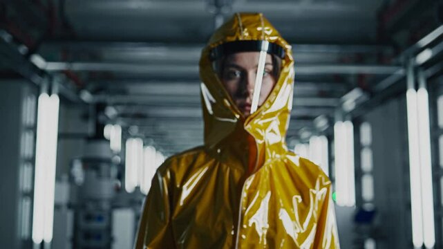 Asian woman in yellow hazmat suit with face shield standing in industrial corridor. Medical worker in protective equipment. Healthcare and safety protocols in clinical facility