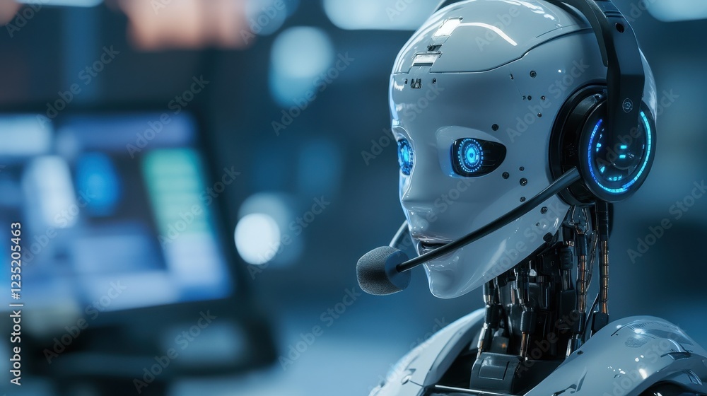 Poster a robot call center agent wearing a headset with microphone interacting with an online chat session