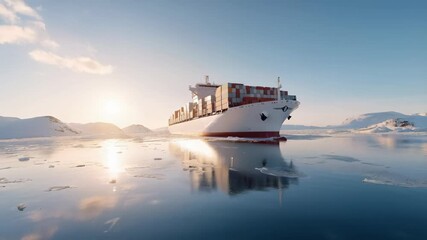 Cargo ship navigates icy Arctic waters highlighting environmental impact of global trade - Powered by Adobe