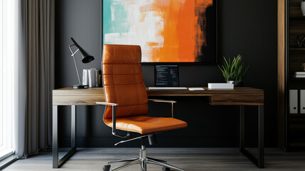Fototapeta premium Elegant Workspace – Wooden Desk, Leather Chair, and Abstract Art