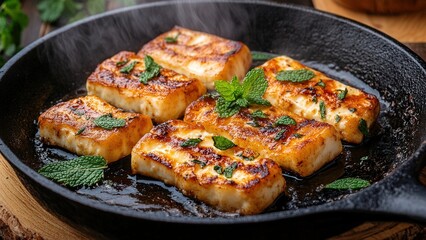 Deliciously Grilled Halloumi Cheese with Fresh Mint Garnish
