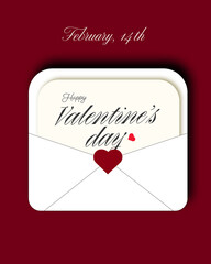 Elegant Valentine's Day Invitation: White Envelope with Card and Happy Valentine's Day Message on Classic Red Background, Ideal for Expressing Love and Affection