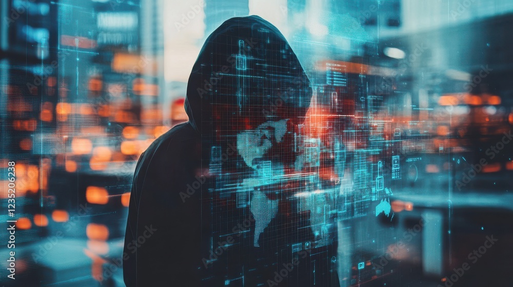 Poster hacker in hoodie using abstract digital padlock and map hologram on blurry office interior backgroun