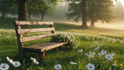 Wooden bench in a meadow with daisies at sunrise