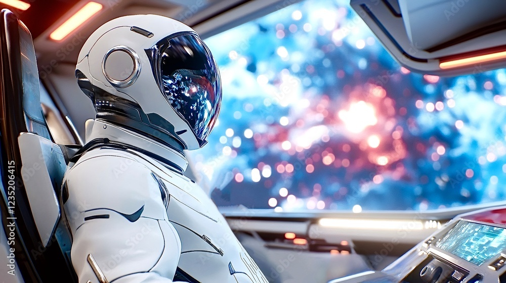 Poster astronaut piloting futuristic spaceship exploring nebula in deep space