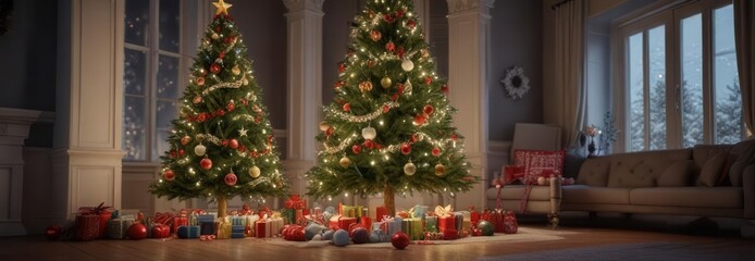 Obraz premium A beautifully decorated Christmas tree with ornaments and garlands, presents, Christmas tree