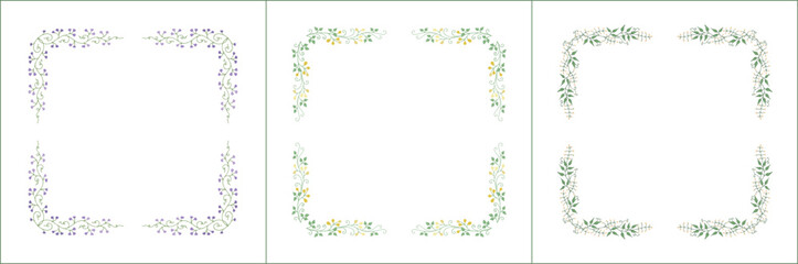 Set of three elegant green vegetal ornamental frame with yellow and purple flowers, decorative border. Isolated vector illustration	