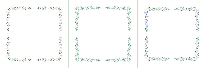 Set of three elegant green vegetal ornamental frame with blue flowers, decorative border. Isolated vector illustration	