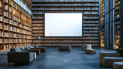 Modern library interior with bookshelves and seating area.
