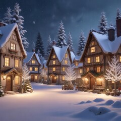 A beautifully decorated Christmas village scene with snow-covered trees and houses,  house,  snow