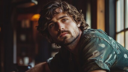 Thoughtful Young Man with Curly Hair in a Rustic Setting