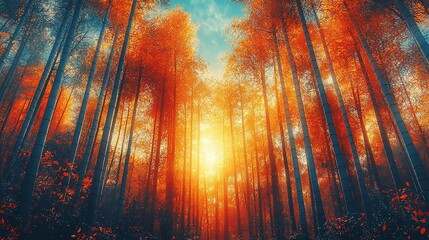 Majestic autumn forest with vibrant orange leaves and sunlight filtering through tall trees