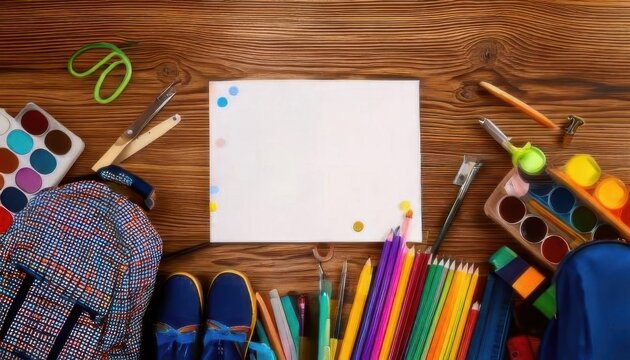 A vibrant assortment of school supplies is meticulously arranged on a rustic wooden tableA blank sheet of paper awaits, poised for inspiration as it beckons creative projects during
