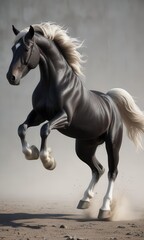 Obraz premium A black horse in mid-air with white legs and mane, equine motion, white horse