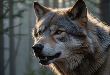 Obraz premium A close-up of a gray wolf's face as it lets out a haunting howl against the backdrop of a misty forest at dawn, forest, nature