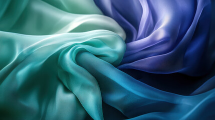 Obraz premium A luxurious, soft-focus image of delicately layered chiffon fabric, cascading in a mesmerizing blend of seafoam green and deep cobalt blue