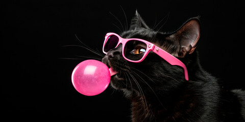Naklejka premium Black Cat Wearing Pink Sunglasses Blowing A Pink Bubble Gum Balloon Against A Dark Background. Stylish And Humorous Concept For Advertising, Pet Brands, Social Media, And Creative Marketing.