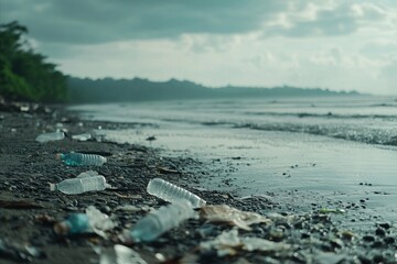 Concept of Ocean Conservation: Plastic Waste Pollutes a Beautiful Shoreline, Highlighting the Urgent Need for Environmental Action, Marine Protection, and Sustainable Waste Management