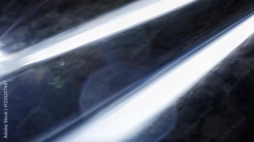 Poster Dynamic light beams cutting through darkness with smoke effects. Abstract diagonal rays creating dramatic atmosphere. Modern minimalist design background for presentations and events