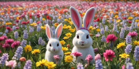 A field of vibrant flowers with Easter bunny ear headbands and hidden Easter eggs,  outdoor floral,  colorful blooms
