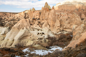 Rock formations of the Red Valley (Valley of Roses), Cappadocia, Turkey , in winter.
