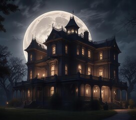 Obraz premium A full moon casts an ominous glow over a haunted mansion, haunting presence, lunar light