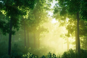 Obraz premium Sunlight streams through a lush forest highlighting the importance of preserving natural habitats and ecosystems for future generations. Generative AI