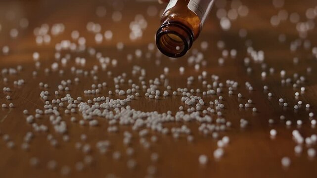 Homeopathy globoli falling in table in slow motion.