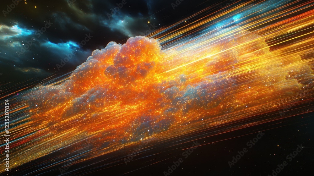 Poster vibrant cloud with light trails, depicting the rapid and efficient flow of data, cloud networks, art