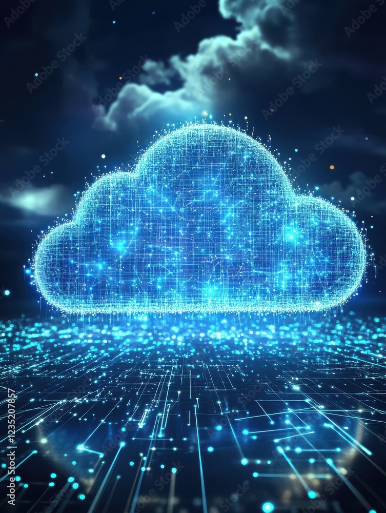 Poster digital cloud computing network concept with glowing wireframe design elements on dark technology ba
